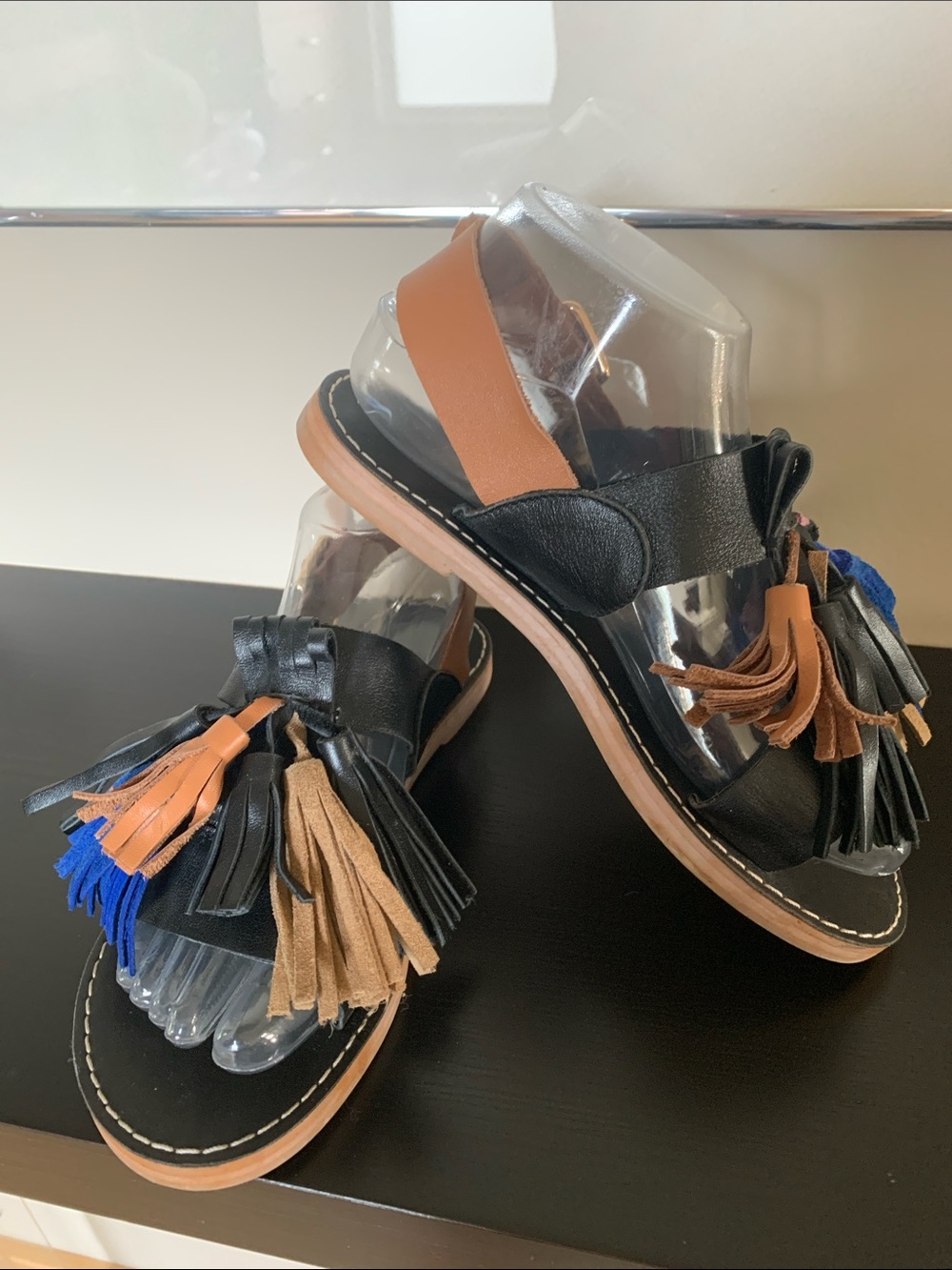 Women's Black Leather Tassel Sandals with Tan and Blue Accents